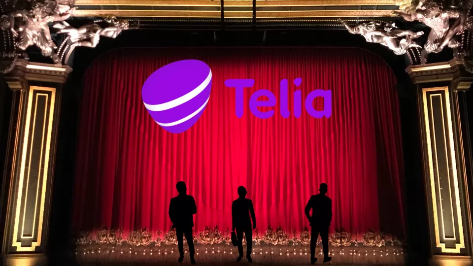 Three silhouettes of men standing on a theater stage with the logo of Telia Company above them.