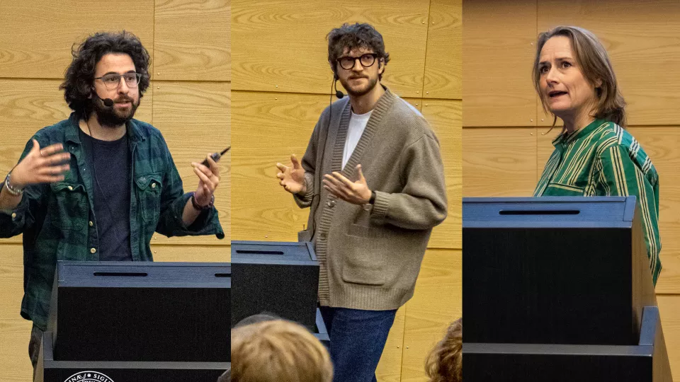 Three researchers during their respective presentations.