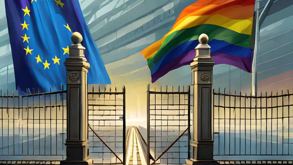 A border crossing, the Eu flag and the pride flag in the background