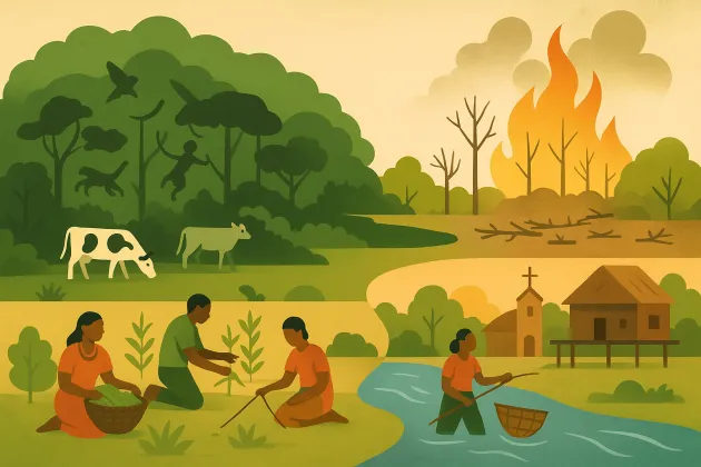 A stylistic collage of scenes from the Amazon forest.