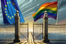 A border crossing, the Eu flag and the pride flag in the background