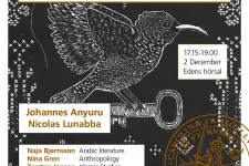 A black and white drawing of a bird, carrying a key. The words Words against death - a conversation about poetry, academia and silence on the Palestinian genocide.