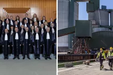 Till vänster är en bild på EU-domstolens domare. Till höger syns två män i skyddsutrustning på en cementanläggning. 